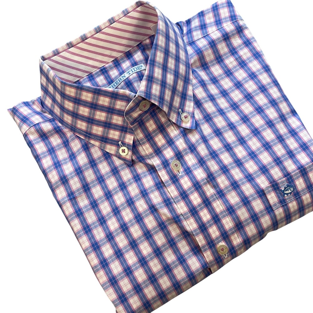 Southern Tide Men Lg Blue/Pink Plaid Long Sleeve Button Down Shirt Contrast Cuff